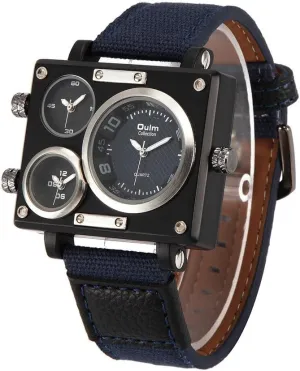 Men's Military Sport Multi Time Zone Canvas Band Square Dial Quartz Watch Blue