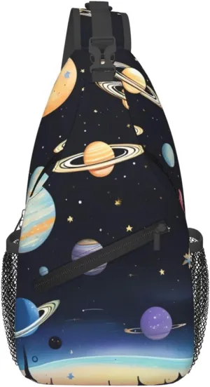 Men's Saturn Jupiter Earth printed casual crossbody bag, chest bag, adjustable shoulder strap, suitable for daily travel