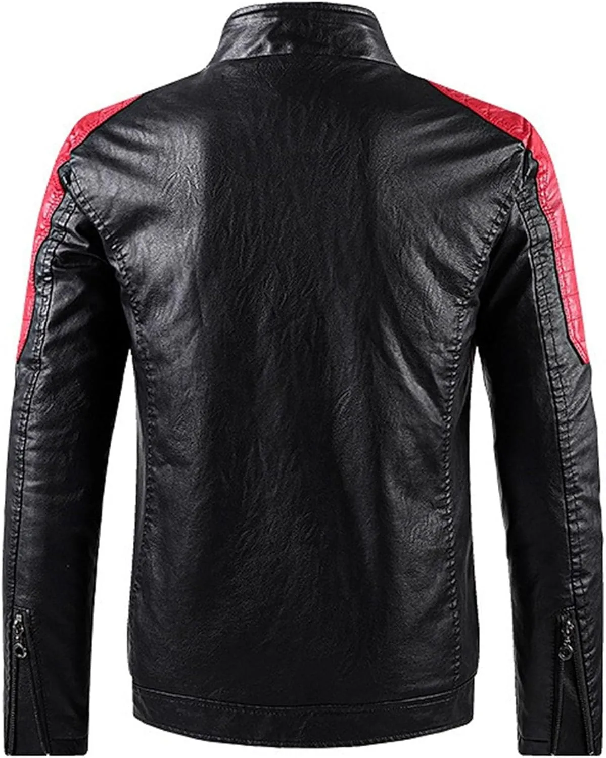 Men's Stand Collar PU Motorcycle Jacket Biker Riding Long Sleeve Coat Jackets Faux Zip-Up Slim Armor Leather Outerwear