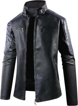 Men's Stand Collar PU Motorcycle Jacket Biker Riding Long Sleeve Coat Jackets Faux Zip-Up Slim Armor Leather Outerwear