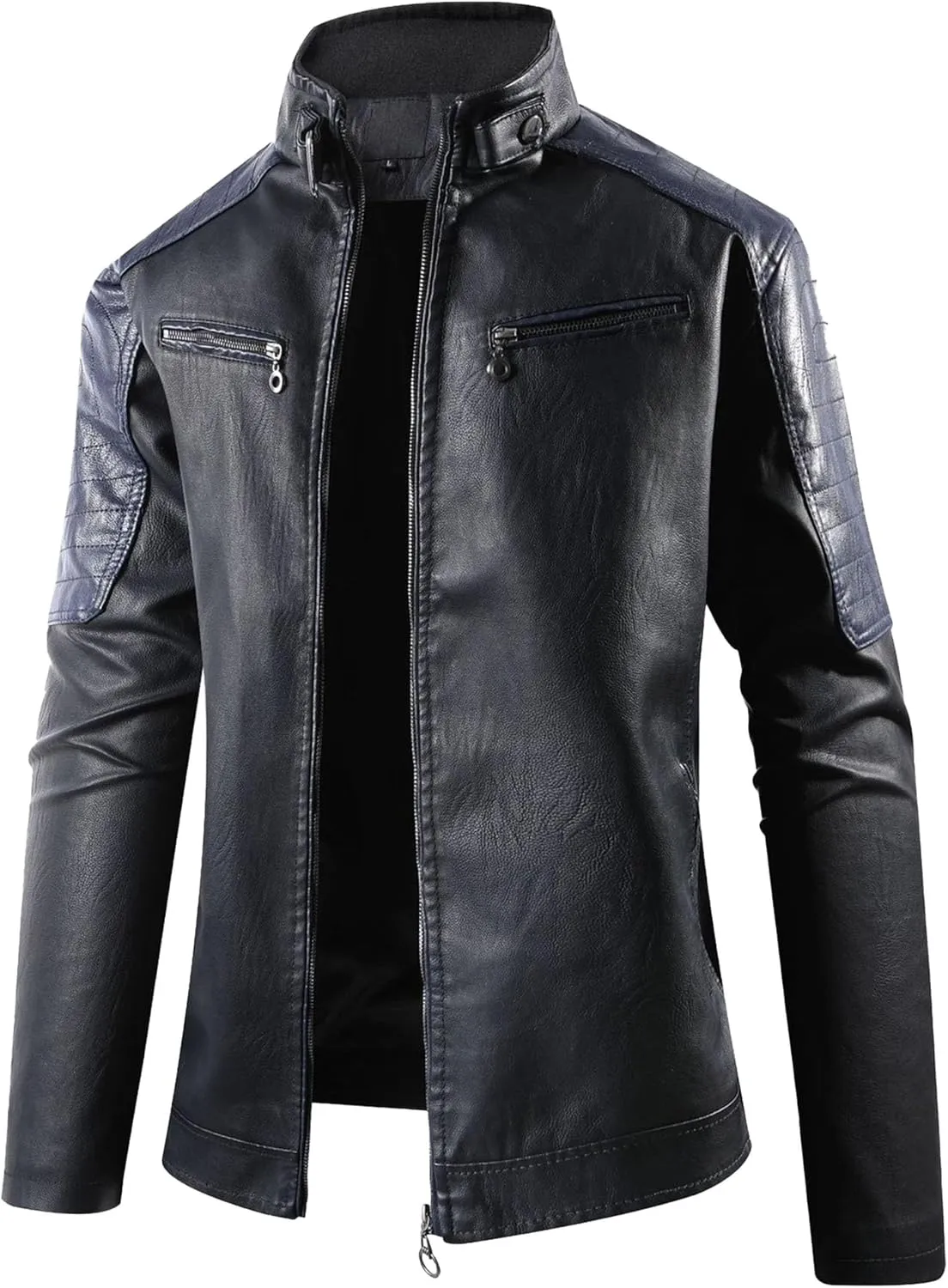 Men's Stand Collar PU Motorcycle Jacket Biker Riding Long Sleeve Coat Jackets Faux Zip-Up Slim Armor Leather Outerwear