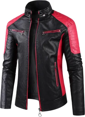 Men's Stand Collar PU Motorcycle Jacket Biker Riding Long Sleeve Coat Jackets Faux Zip-Up Slim Armor Leather Outerwear