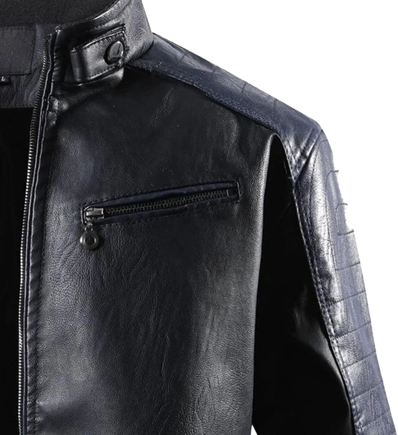 Men's Stand Collar PU Motorcycle Jacket Biker Riding Long Sleeve Coat Jackets Faux Zip-Up Slim Armor Leather Outerwear