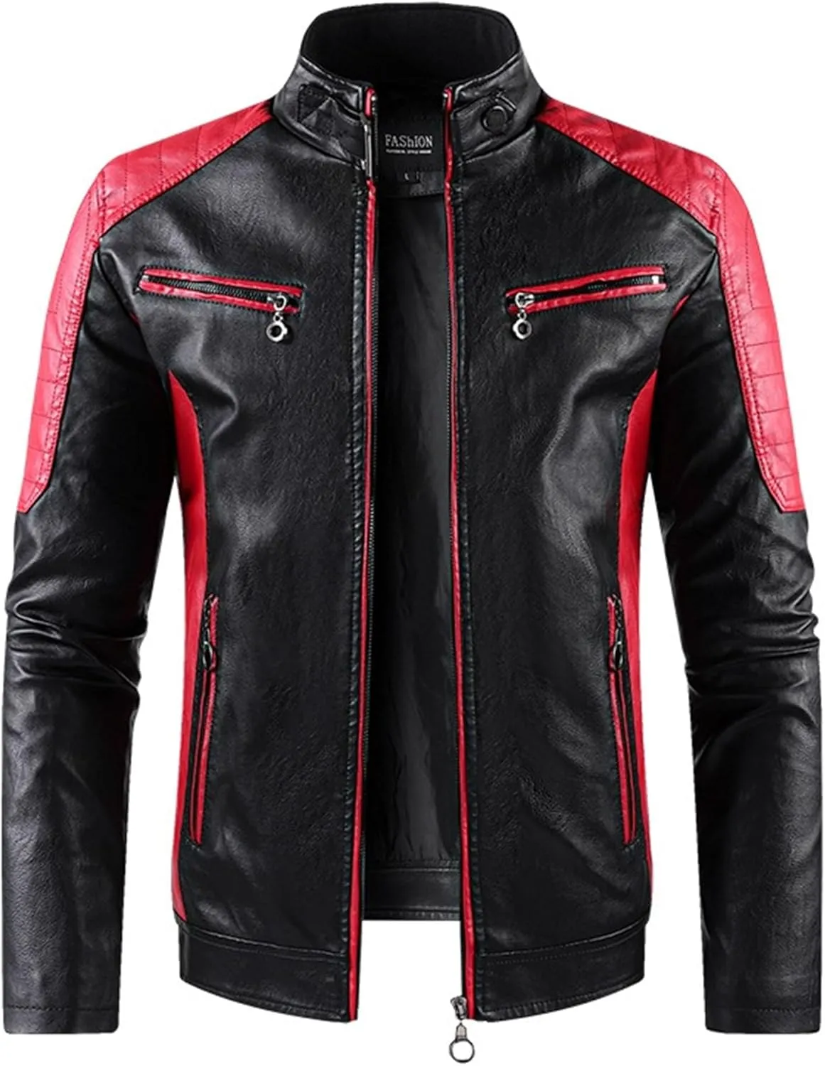 Men's Stand Collar PU Motorcycle Jacket Biker Riding Long Sleeve Coat Jackets Faux Zip-Up Slim Armor Leather Outerwear
