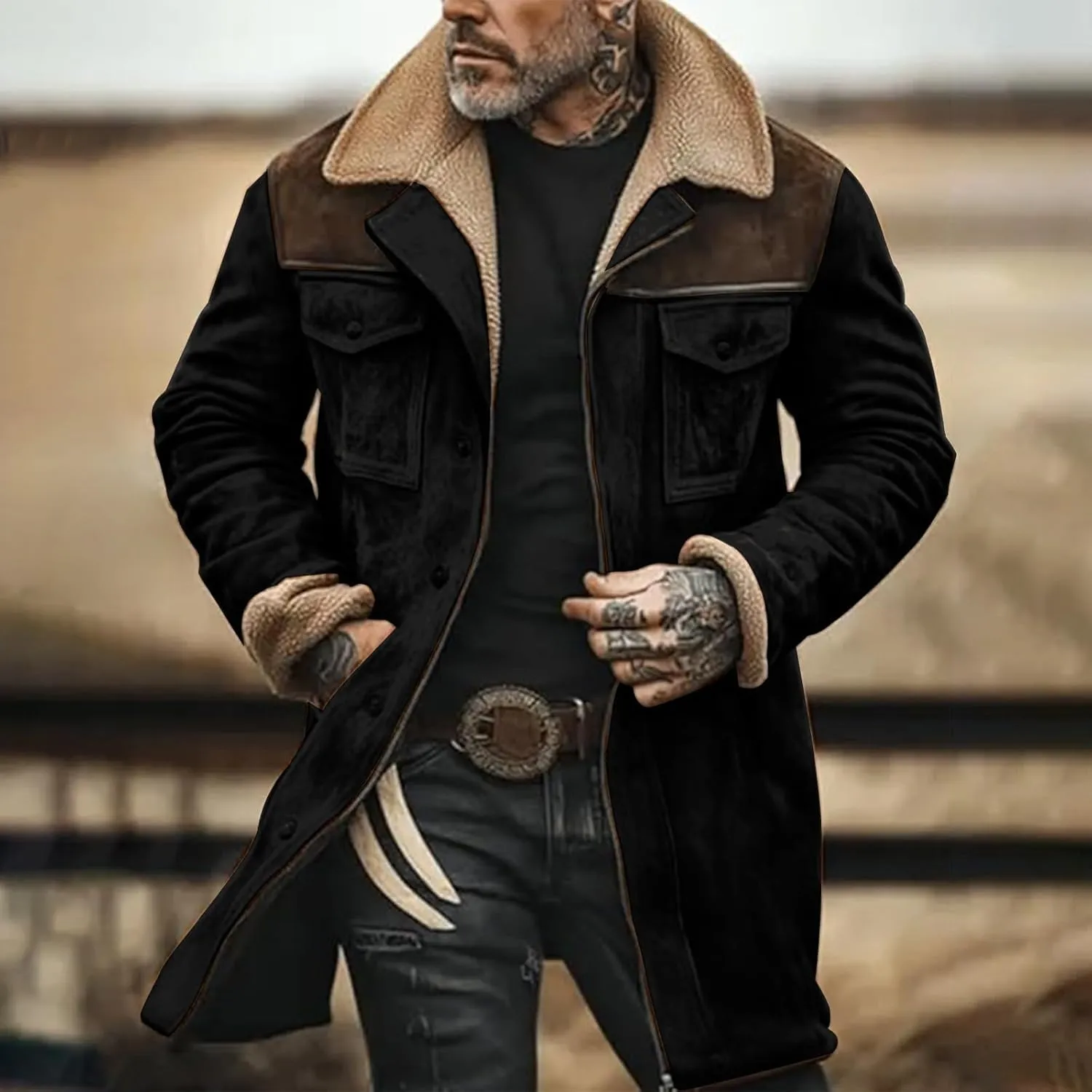 Men's Suede Coat Vintage Suede Pocket Plush Reversed Collar Mens Outdoor Jacket Coat Outdoor Retro Top