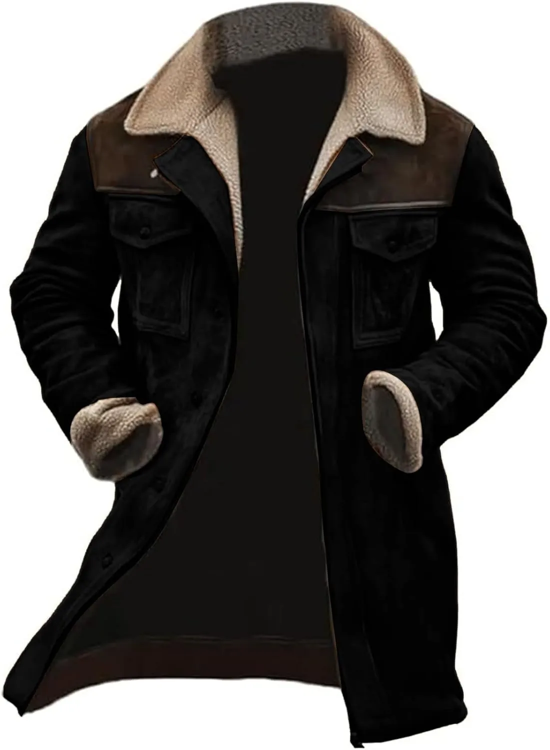 Men's Suede Coat Vintage Suede Pocket Plush Reversed Collar Mens Outdoor Jacket Coat Outdoor Retro Top