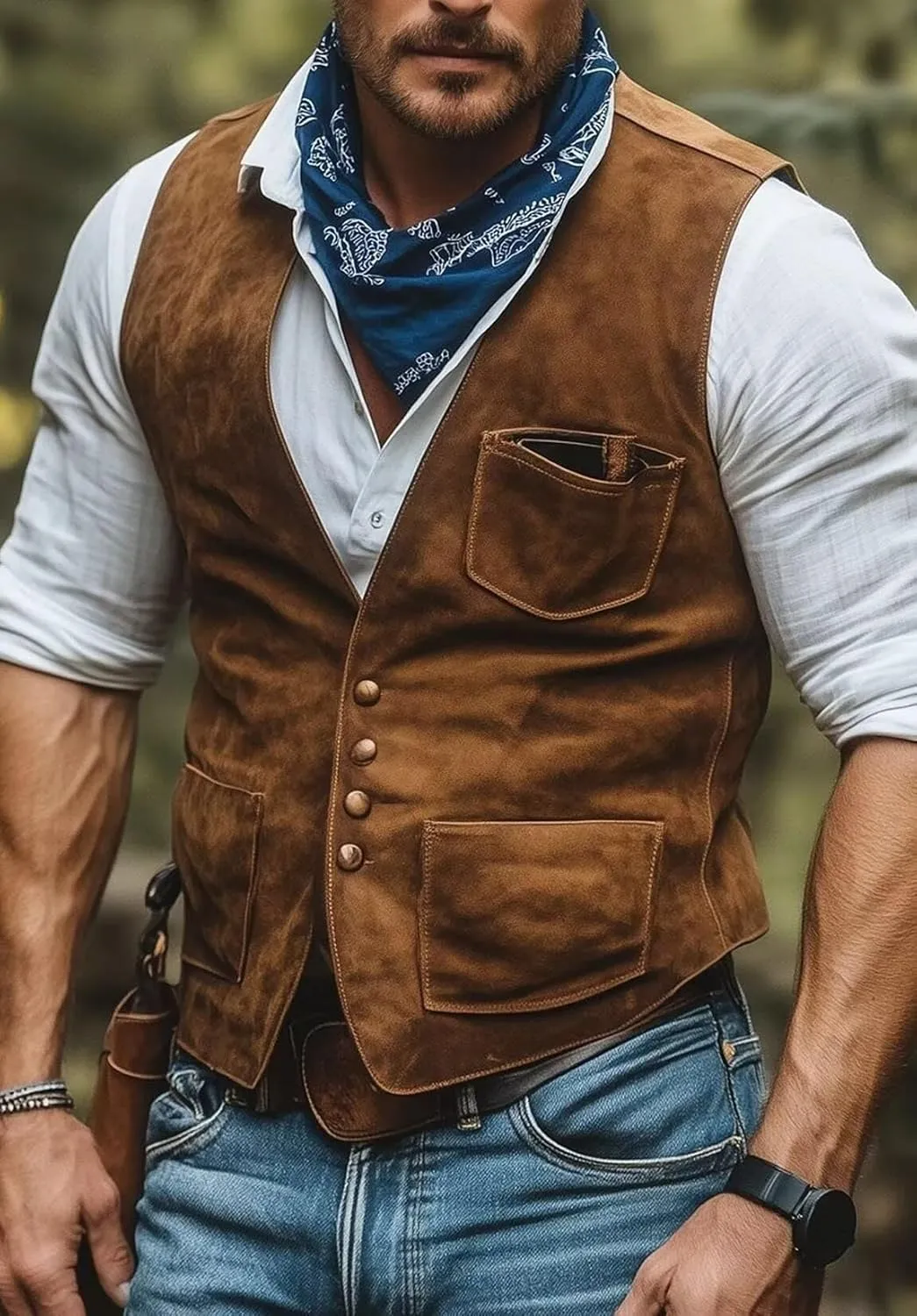 Men's Suede Leather Vest Casual V-Neck Western Cowboy Waistcoat