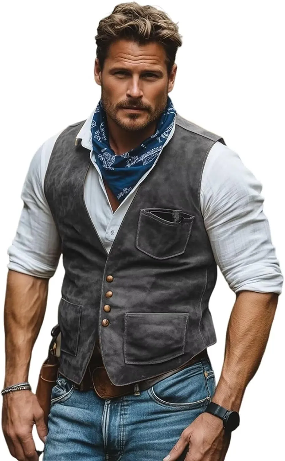 Men's Suede Leather Vest Casual V-Neck Western Cowboy Waistcoat