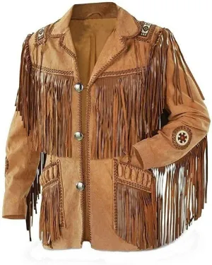 Mens Traditional Buckskin Cowboy Suede Leather Jacket Western Fringe/Beads Native American