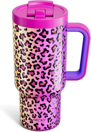 Meoky 32 oz Tumbler with Handle and Flip Straw, 100% Leakproof Tumbler with Lid and Straw, Stainless Steel Insulated Cup, Cupholder Friendly, Keeps Cold for 24 Hours (Celebration)