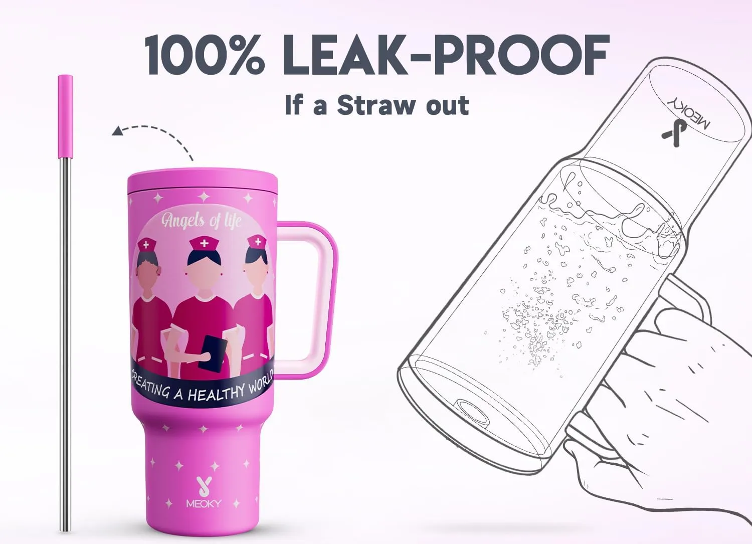 Meoky 40 oz Tumbler with Handle and Straw, Tumbler with Lid and Straw, Insulated Stainless Steel Travel Mug, 100% Leak-proof, Keeps Cold for 34 Hours (Appreciation)