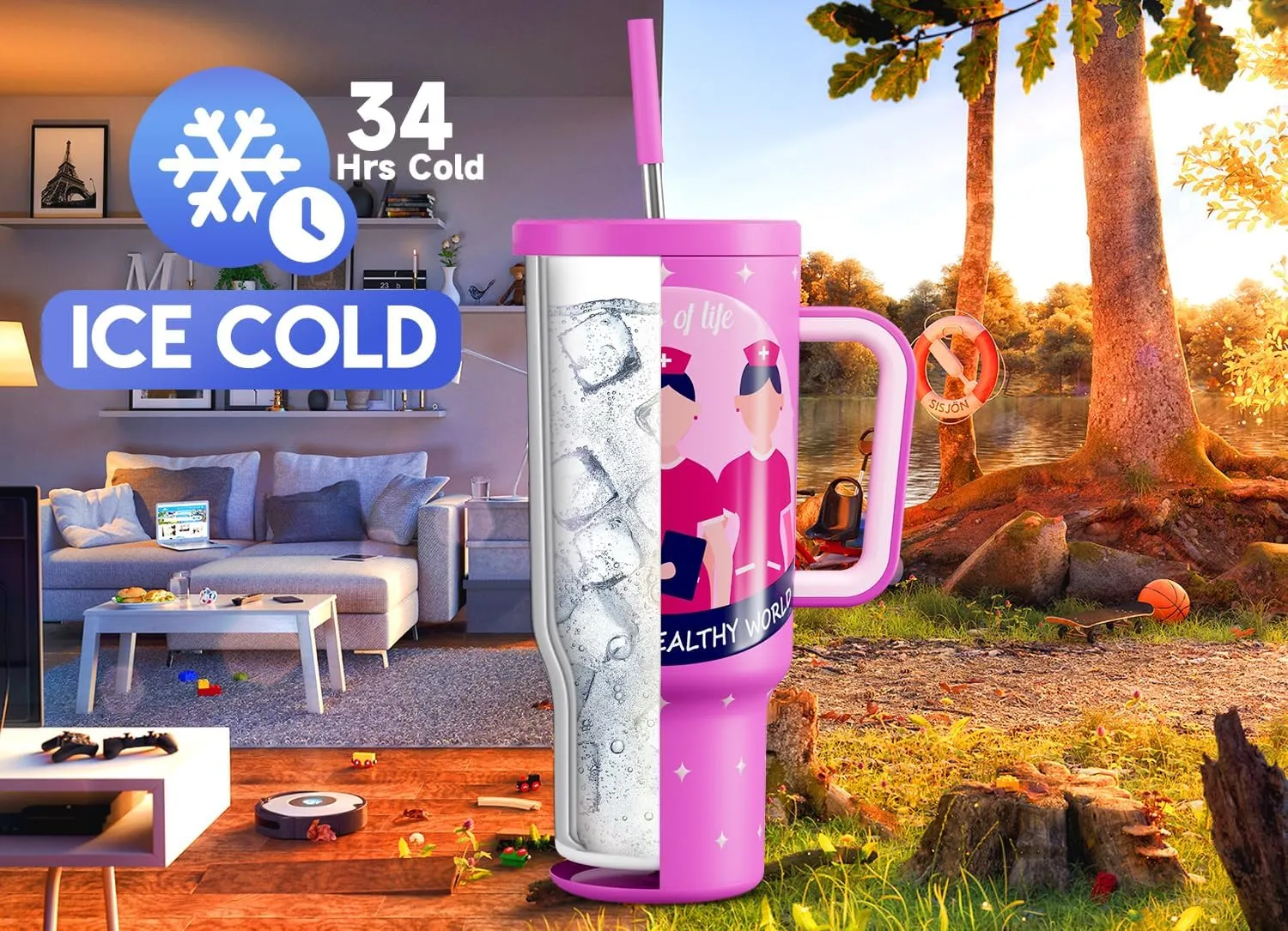 Meoky 40 oz Tumbler with Handle and Straw, Tumbler with Lid and Straw, Insulated Stainless Steel Travel Mug, 100% Leak-proof, Keeps Cold for 34 Hours (Appreciation)