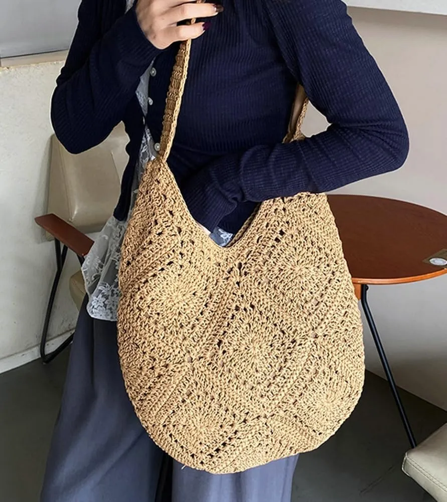 Mesh Beach Tote Bag, Woven Summer Vacation Aesthetic Boho Tote Bag for Women Shoulder Shopping Handbag Stylish crossbody