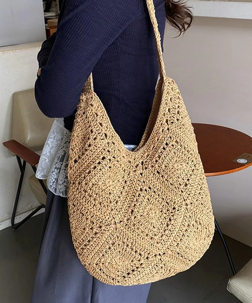 Mesh Beach Tote Bag, Woven Summer Vacation Aesthetic Boho Tote Bag for Women Shoulder Shopping Handbag Stylish crossbody