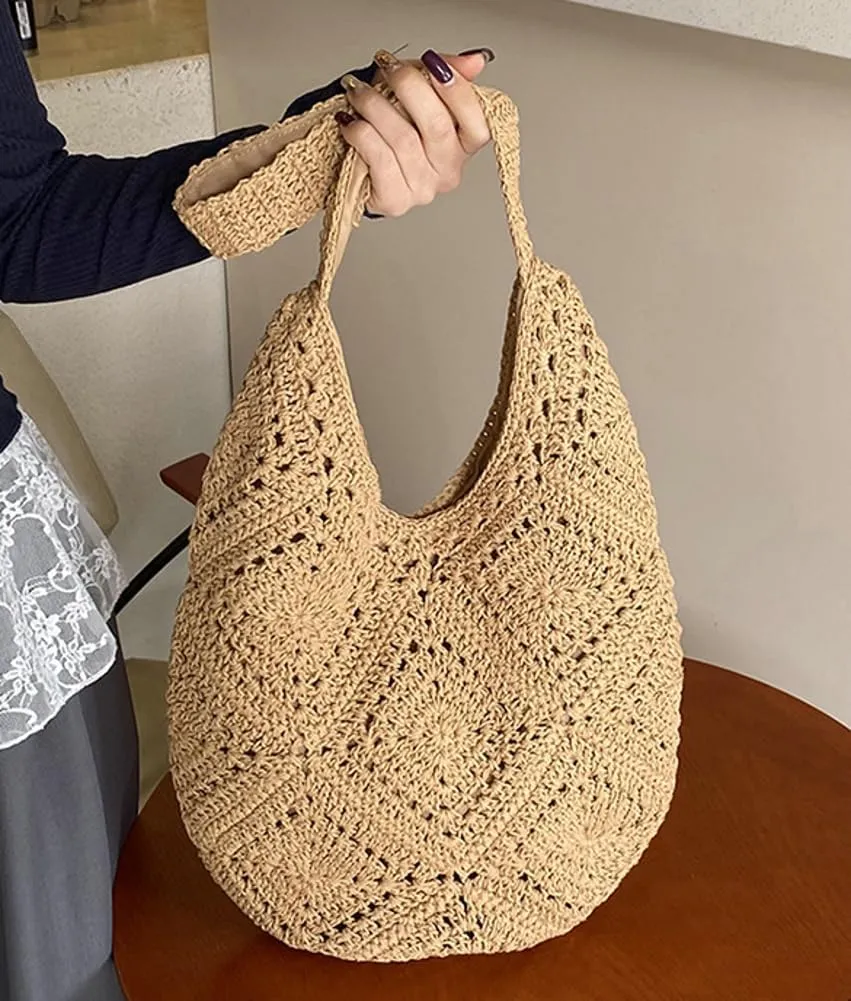 Mesh Beach Tote Bag, Woven Summer Vacation Aesthetic Boho Tote Bag for Women Shoulder Shopping Handbag Stylish crossbody