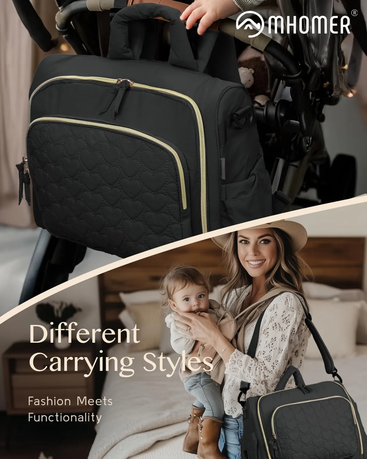 MHOMER Diaper Bag Backpack Puffer Lightweight 3 in 1 Wide Open Small Diaper Bag Tote for Travel with Changing Pad Shoulder Straps, Black