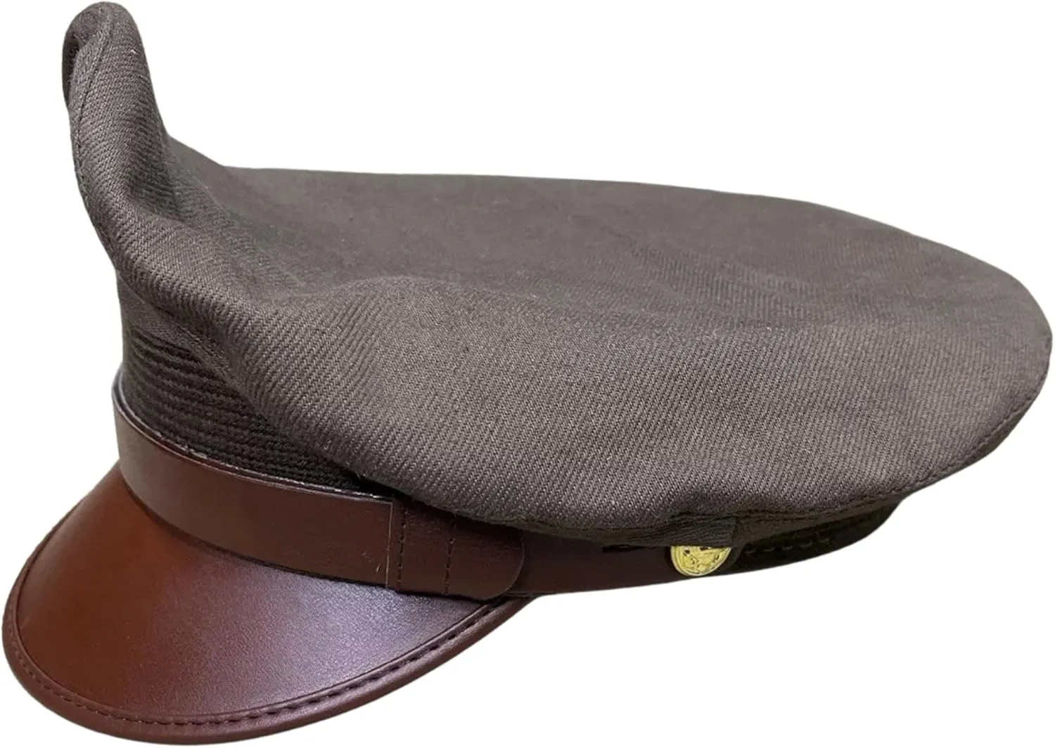 Military Officer Service Cap, Army Green with Gold Eagle Badge, Brown Leather Visor