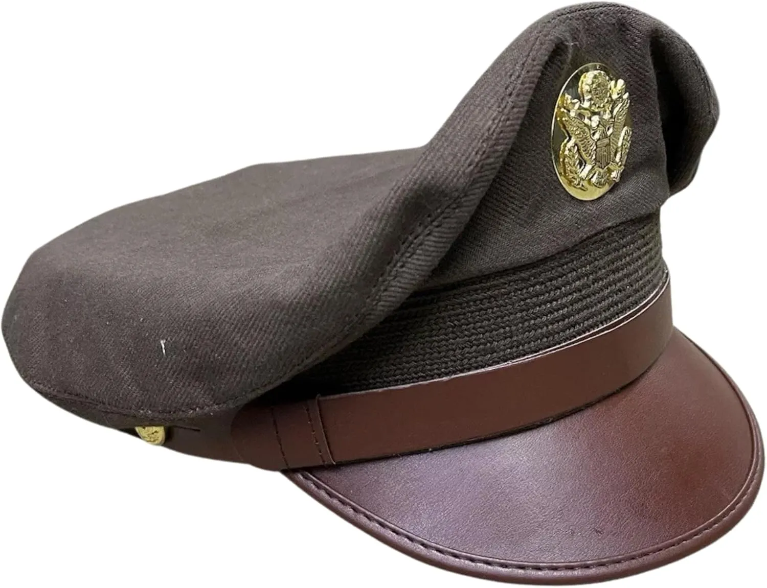 Military Officer Service Cap, Army Green with Gold Eagle Badge, Brown Leather Visor