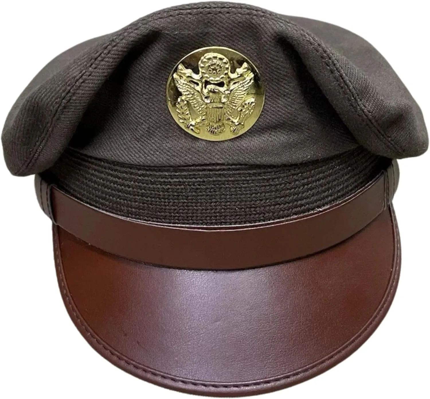 Military Officer Service Cap, Army Green with Gold Eagle Badge, Brown Leather Visor