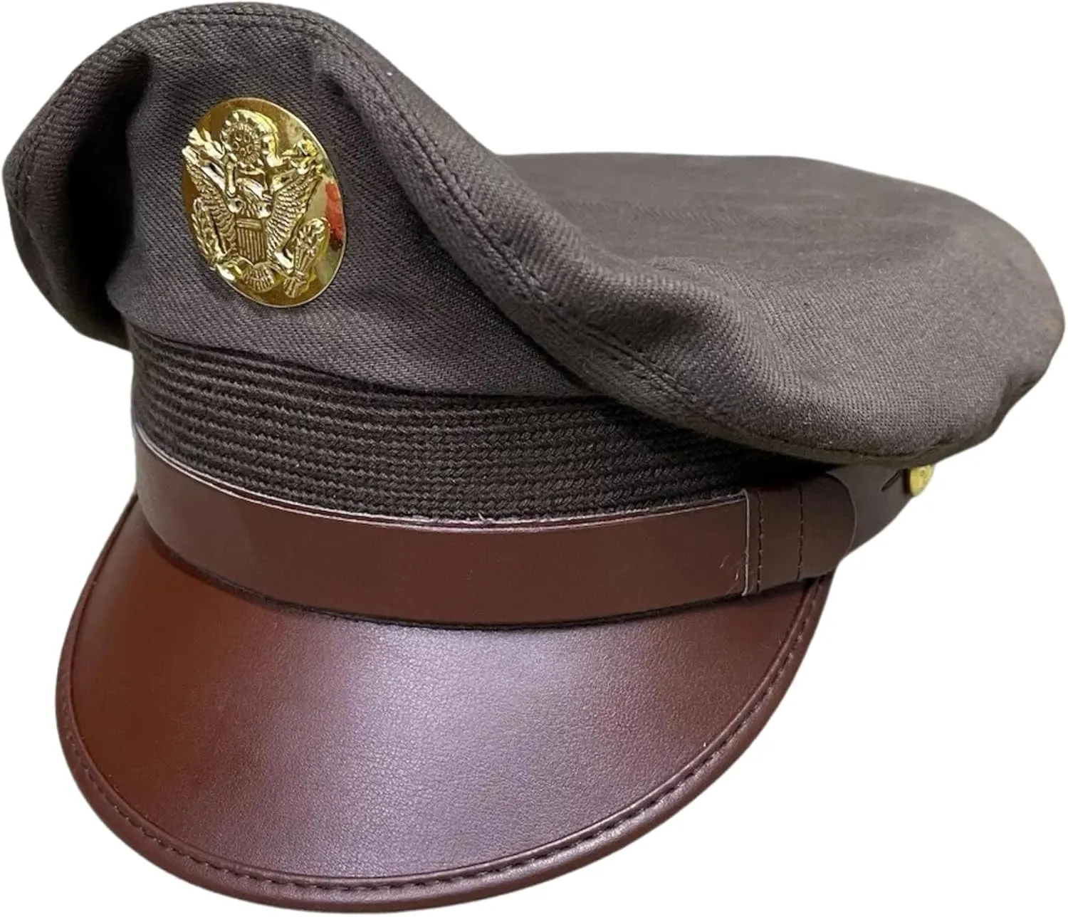Military Officer Service Cap, Army Green with Gold Eagle Badge, Brown Leather Visor