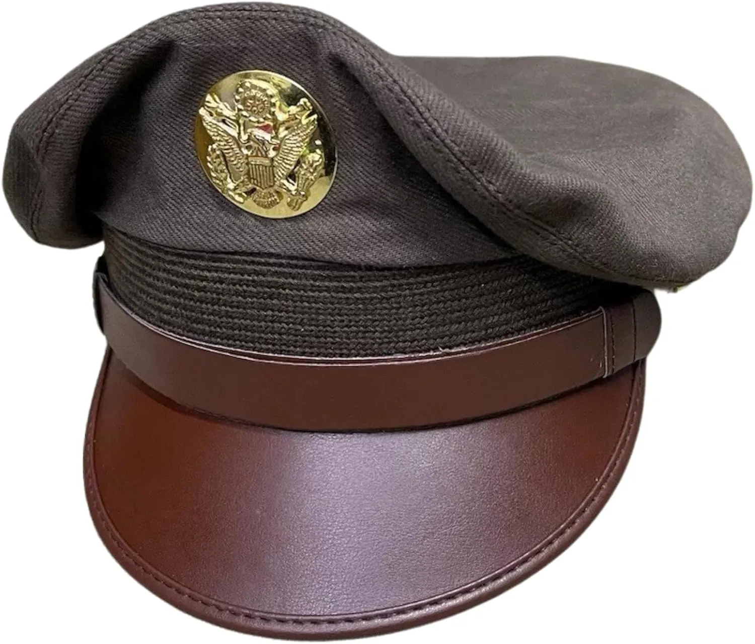 Military Officer Service Cap, Army Green with Gold Eagle Badge, Brown Leather Visor