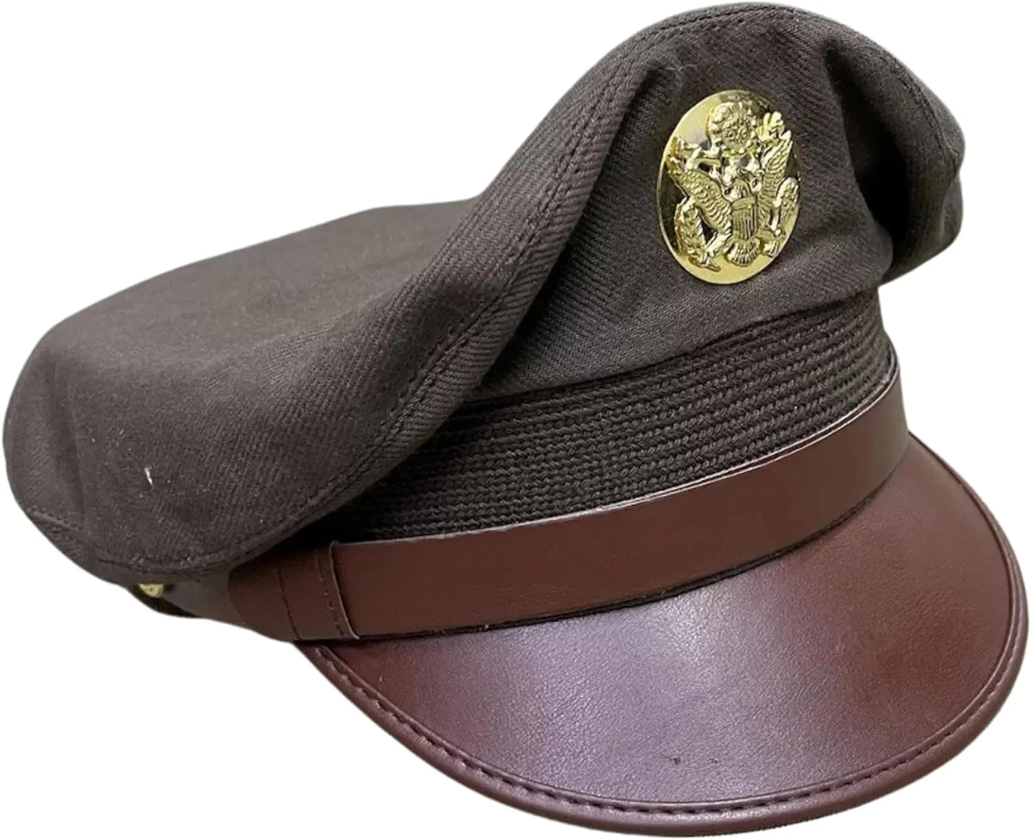 Military Officer Service Cap, Army Green with Gold Eagle Badge, Brown Leather Visor