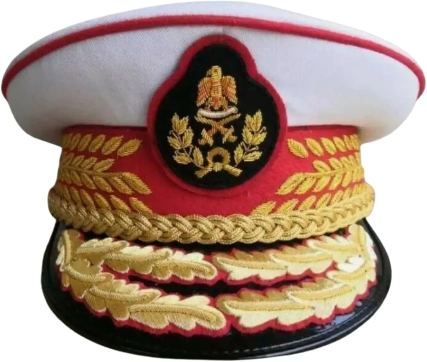 Military Style Ceremonial Dress Cap with Gold Embroidered Insignia, White and Red (US, Numeric, 7 3/4, White)