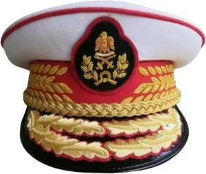 Military Style Ceremonial Dress Cap with Gold Embroidered Insignia, White and Red (US, Numeric, 7 3/4, White)