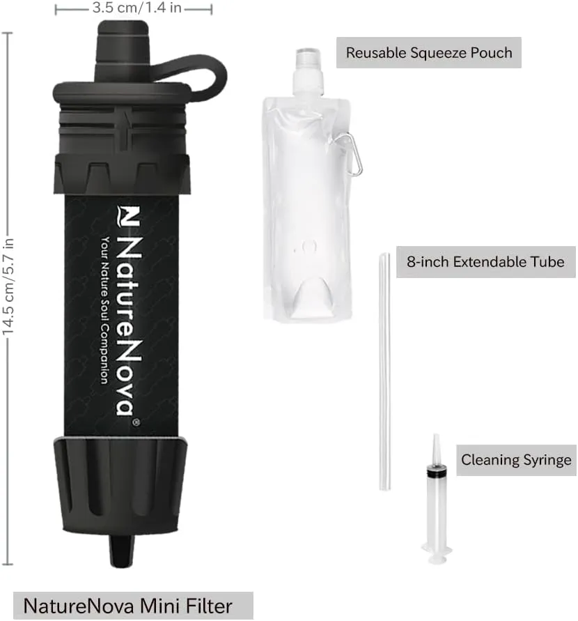 Mini Water Filter NatureNova Portable Emergency Water Filtration System Hiking Camping Straw Survival Gear Emergency Preparedness