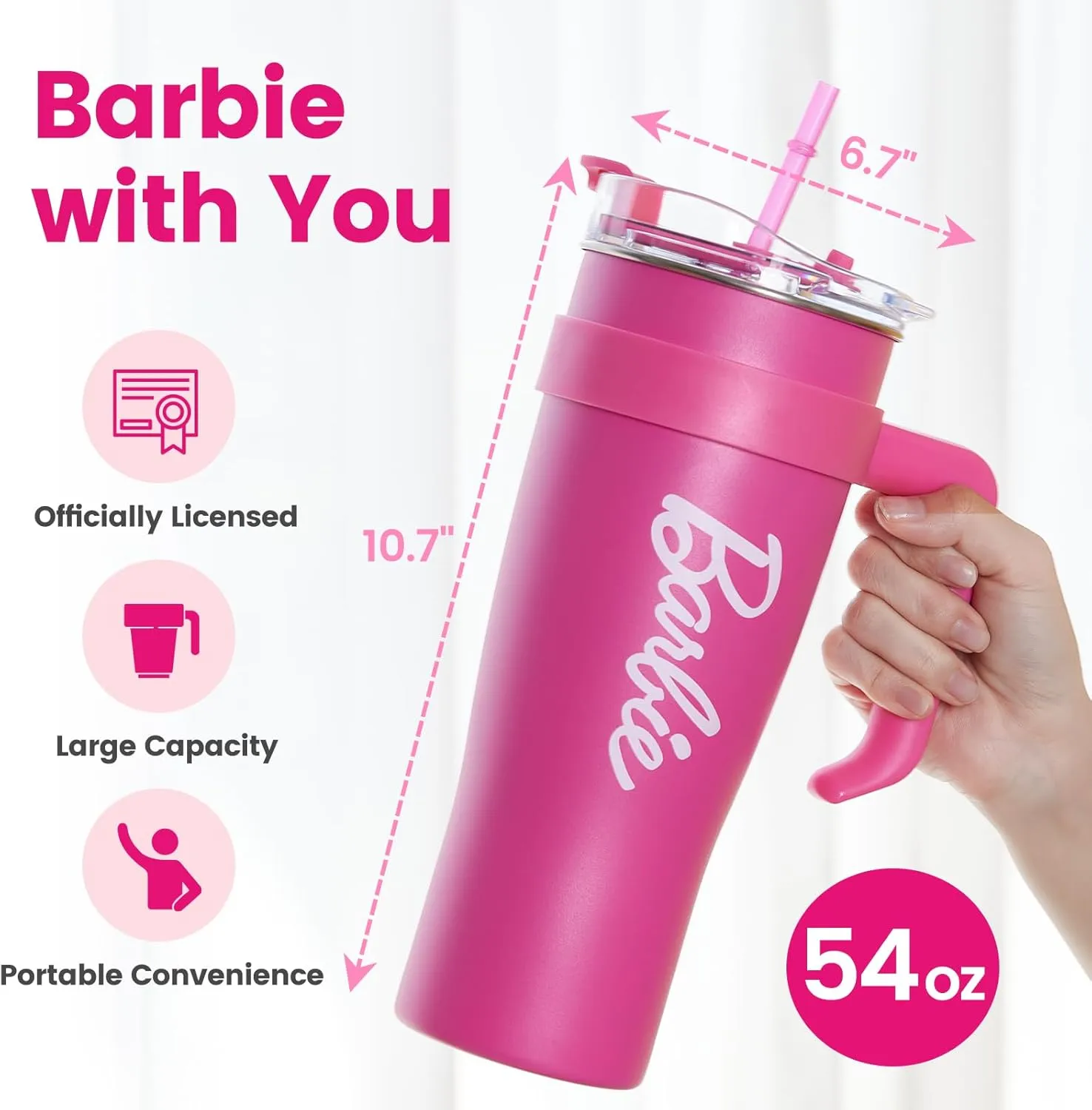 MINISO Barbie Collection Steel Cup with Handle and Straw (1600mL) - Stylish and Sustainable Drinkware for Barbie Enthusiasts