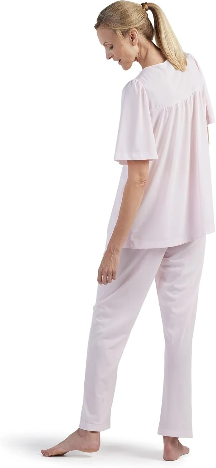 Miss Elaine PJ Set - Women's Nylon Tricot Pajama Set, Short Sleeves, Round Neckline with Embroidered Trim, Button Front Top