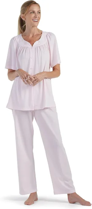 Miss Elaine PJ Set - Women's Nylon Tricot Pajama Set, Short Sleeves, Round Neckline with Embroidered Trim, Button Front Top
