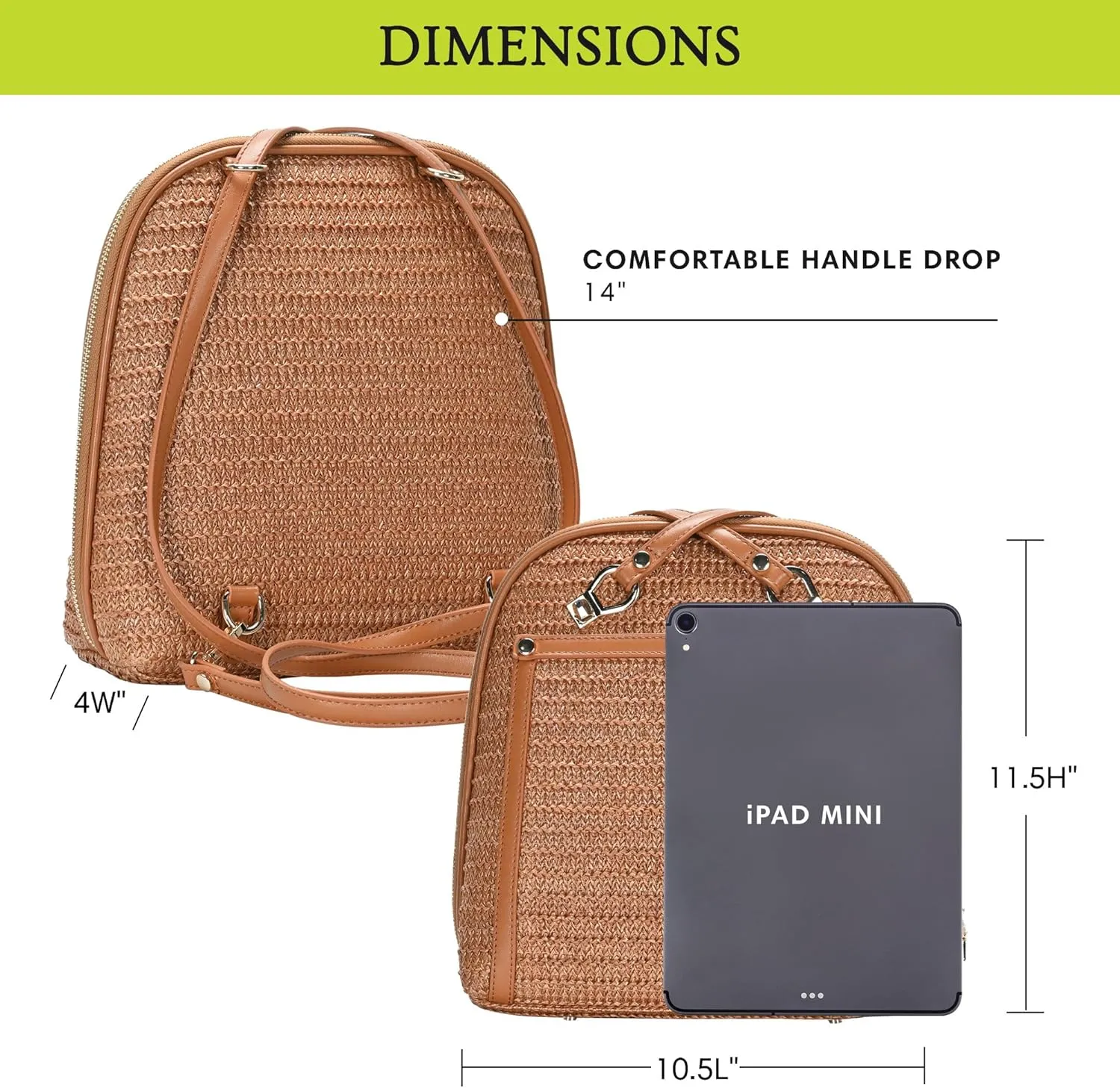 Miztique The Daisy Woven Straw Convertible Backpack Purse for Women (Tan) | Woven Straw Shoulder Strap Bag or Convertible Backpack | 10.5in x 4in x 11.5in |