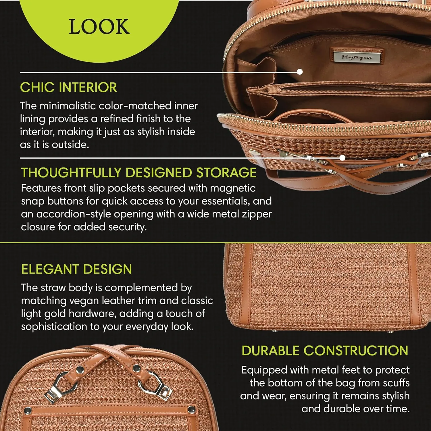 Miztique The Daisy Woven Straw Convertible Backpack Purse for Women (Tan) | Woven Straw Shoulder Strap Bag or Convertible Backpack | 10.5in x 4in x 11.5in |