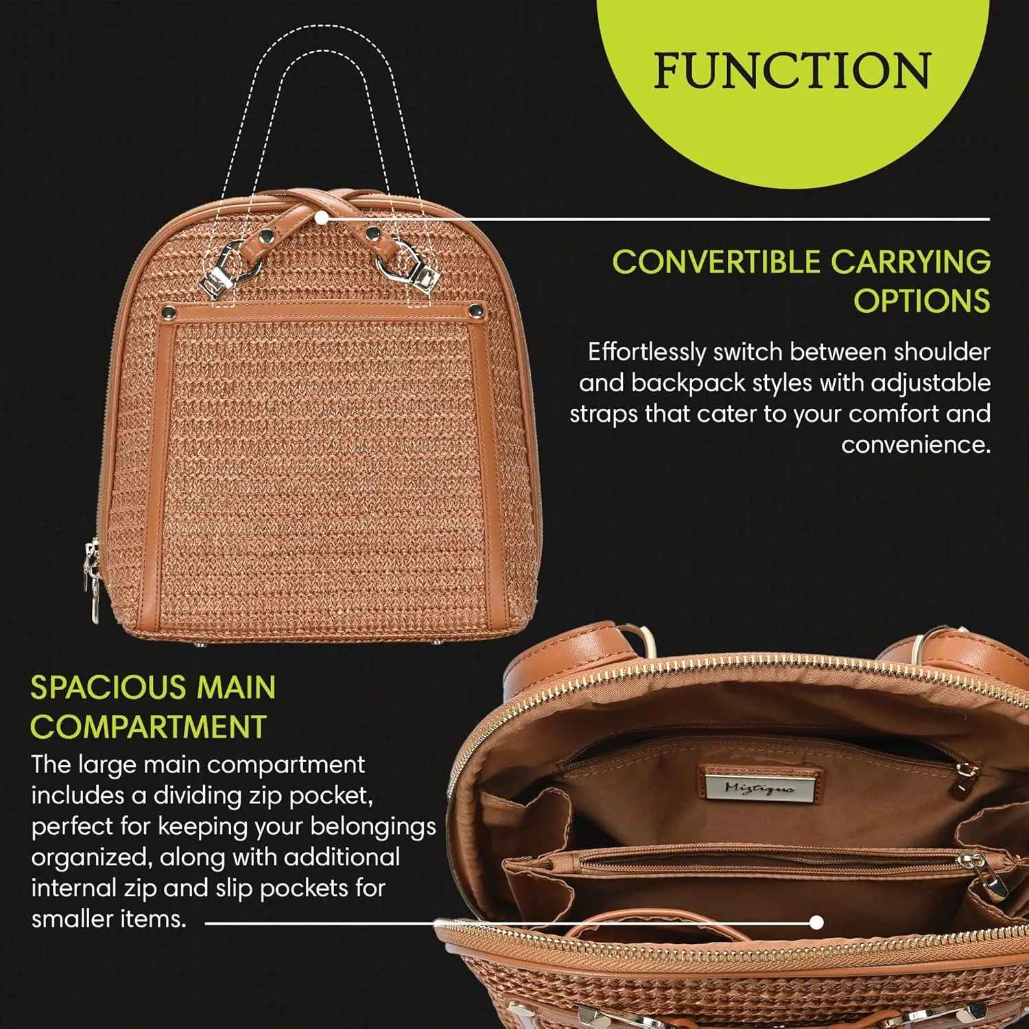 Miztique The Daisy Woven Straw Convertible Backpack Purse for Women (Tan) | Woven Straw Shoulder Strap Bag or Convertible Backpack | 10.5in x 4in x 11.5in |
