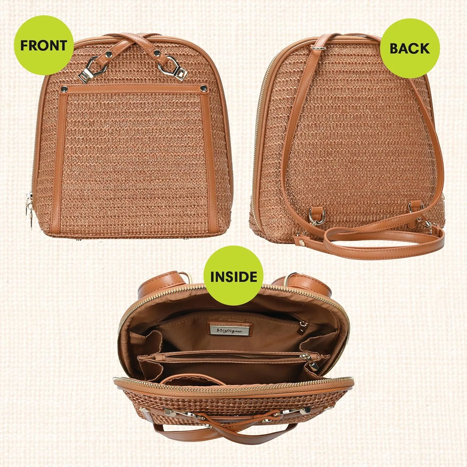 Miztique The Daisy Woven Straw Convertible Backpack Purse for Women (Tan) | Woven Straw Shoulder Strap Bag or Convertible Backpack | 10.5in x 4in x 11.5in |
