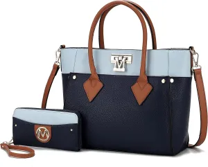 MKF Collection Designer Tote Bag for Women, Vegan Leather a Color-Block Fashion Handbag Purse with Wristlet Wallet