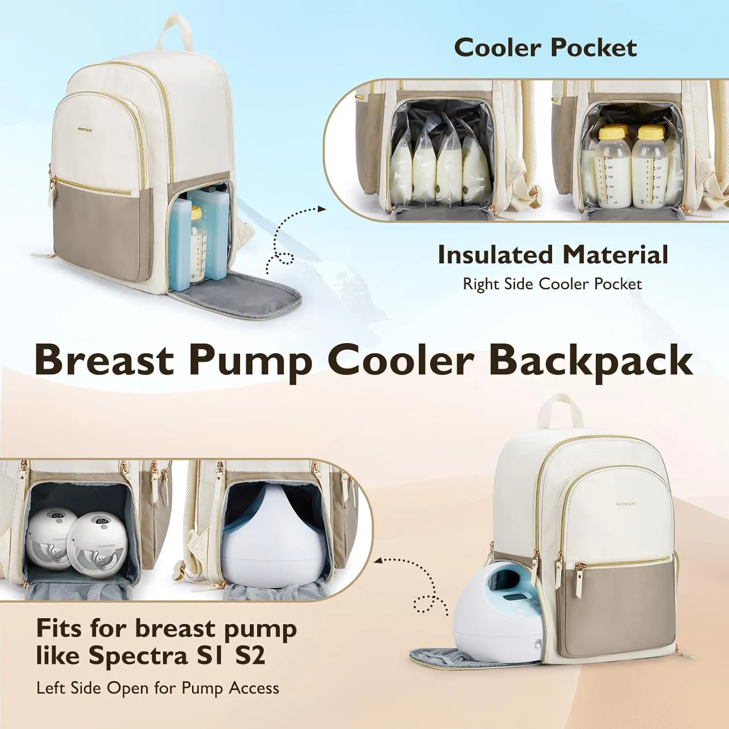 mommore Breast Pump Bag with Cooler Pocket for Milk Storage, Fits Spectra S1, S2 / Medela, Stylish Diaper Bag Backpack with Padded Laptop Sleeve for Work Travel