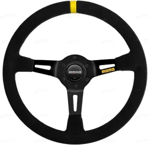 MOMO Motorsport MOD. 08 Racing Steering Wheel Black Suede Grip Brushed Black Anodized Spoke Yellow Stripe 350mm w/ 88mm dish
