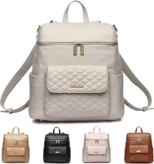Monaco Large Diaper Bag Backpack by Luli Bebe - Designer Modern Vegan Leather Stylish Baby Backpack Diaper Bag for Mom, Multipurpose, Roomy, with Changing Pad (Pearl White)