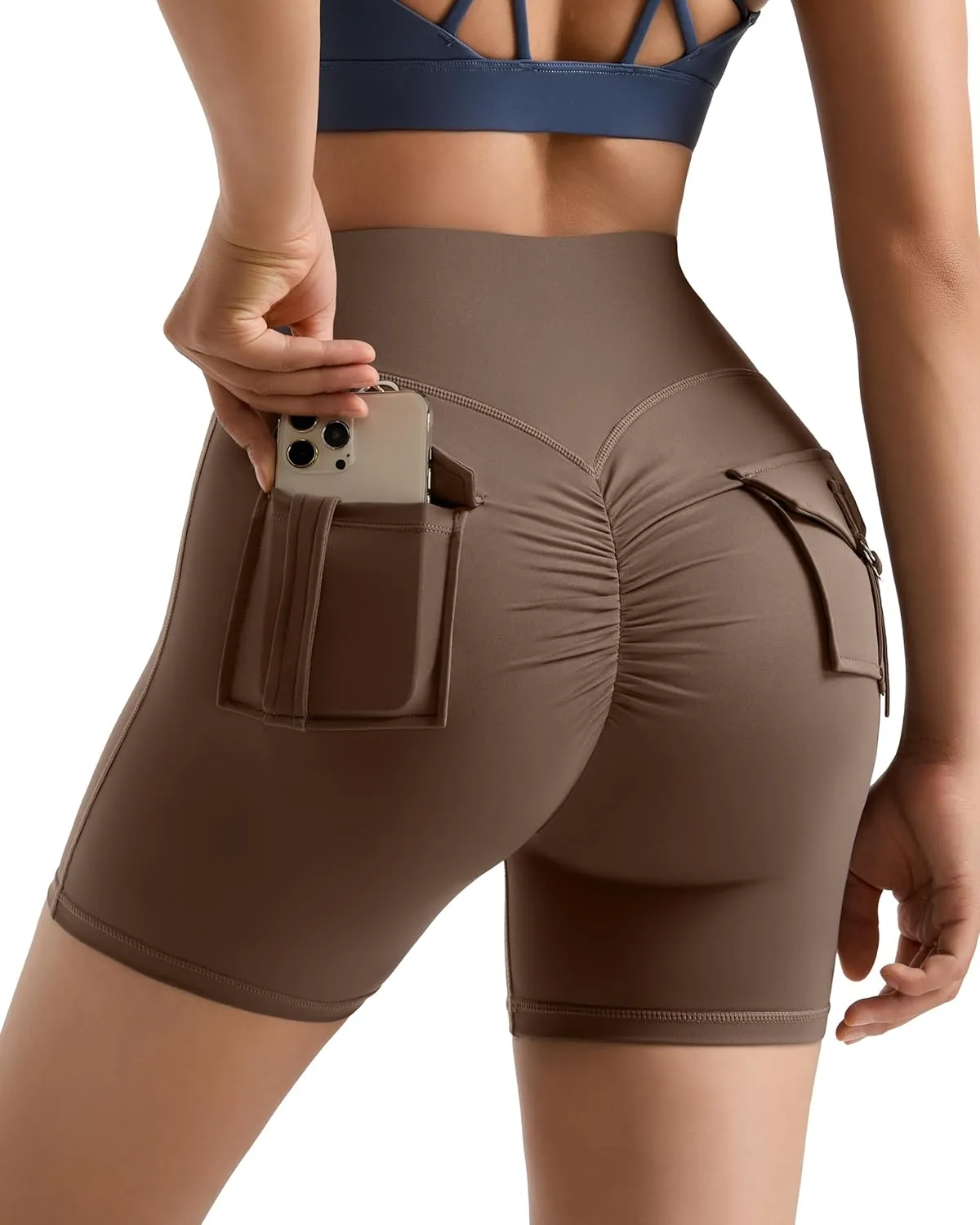 MOOSLOVER Women Workout Biker Shorts with Pockets High Waisted V Cross Shorts Scrunch Butt Yoga Gym Booty Shorts