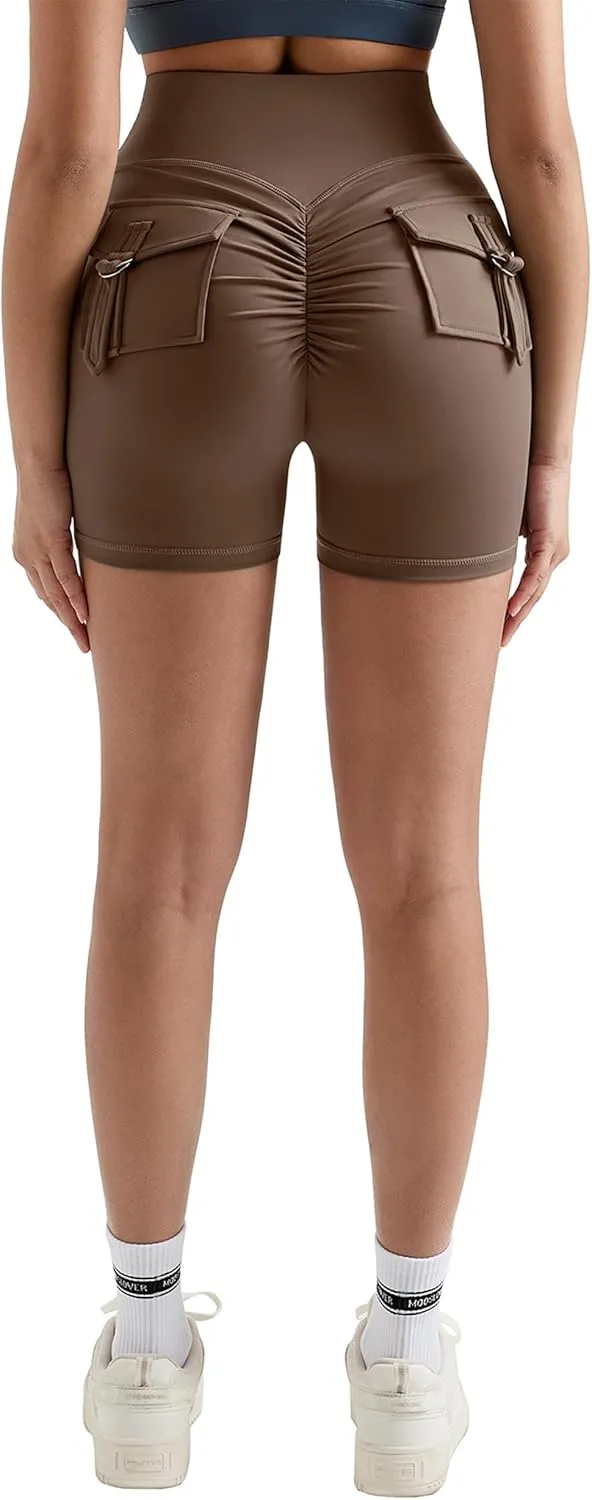 MOOSLOVER Women Workout Biker Shorts with Pockets High Waisted V Cross Shorts Scrunch Butt Yoga Gym Booty Shorts