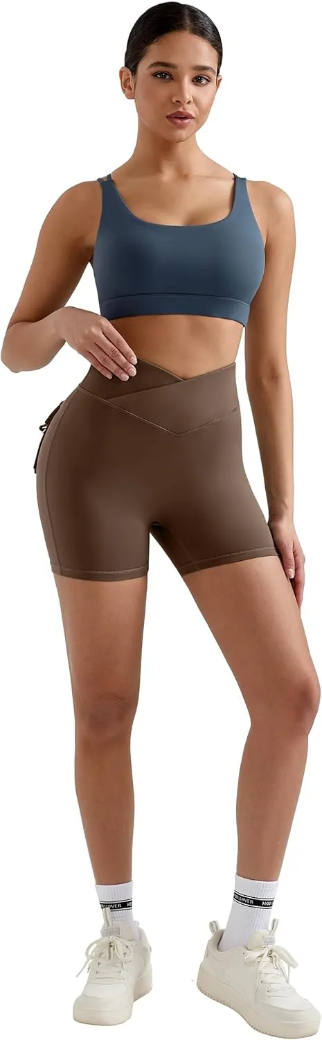 MOOSLOVER Women Workout Biker Shorts with Pockets High Waisted V Cross Shorts Scrunch Butt Yoga Gym Booty Shorts