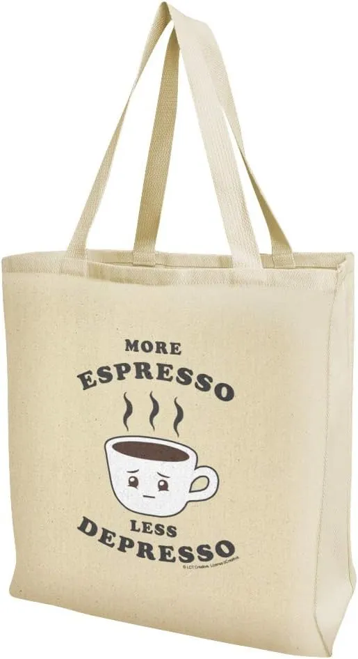 More Espresso Less Depresso Depression Coffee Funny Humor Grocery Travel Reusable Tote Bag