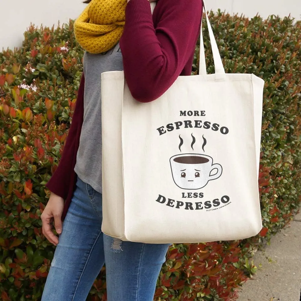 More Espresso Less Depresso Depression Coffee Funny Humor Grocery Travel Reusable Tote Bag