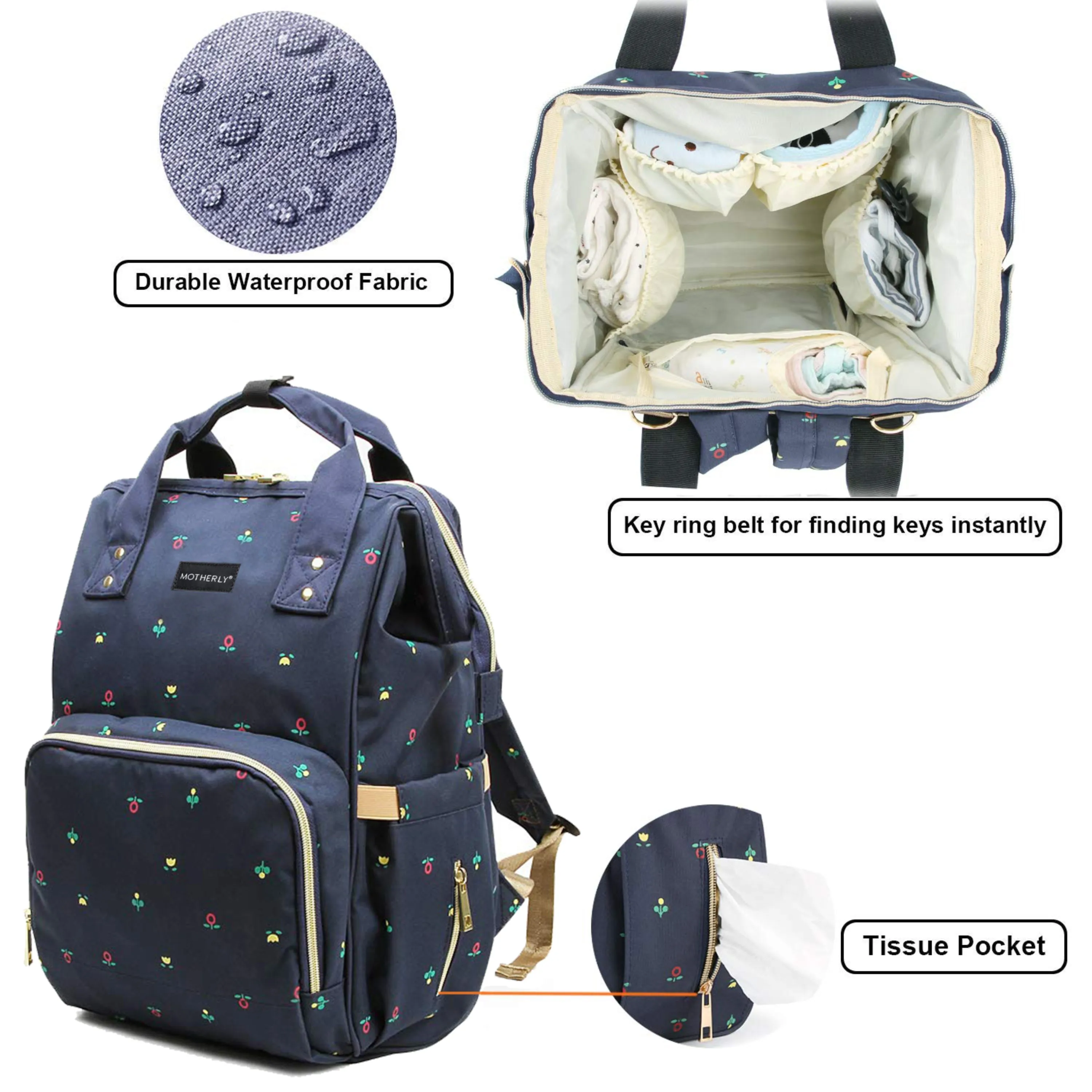 Motherly Diaper Bags for Mothers with 1 Bottle Bag   1 Diaper Changing Mat (Blue Flower)