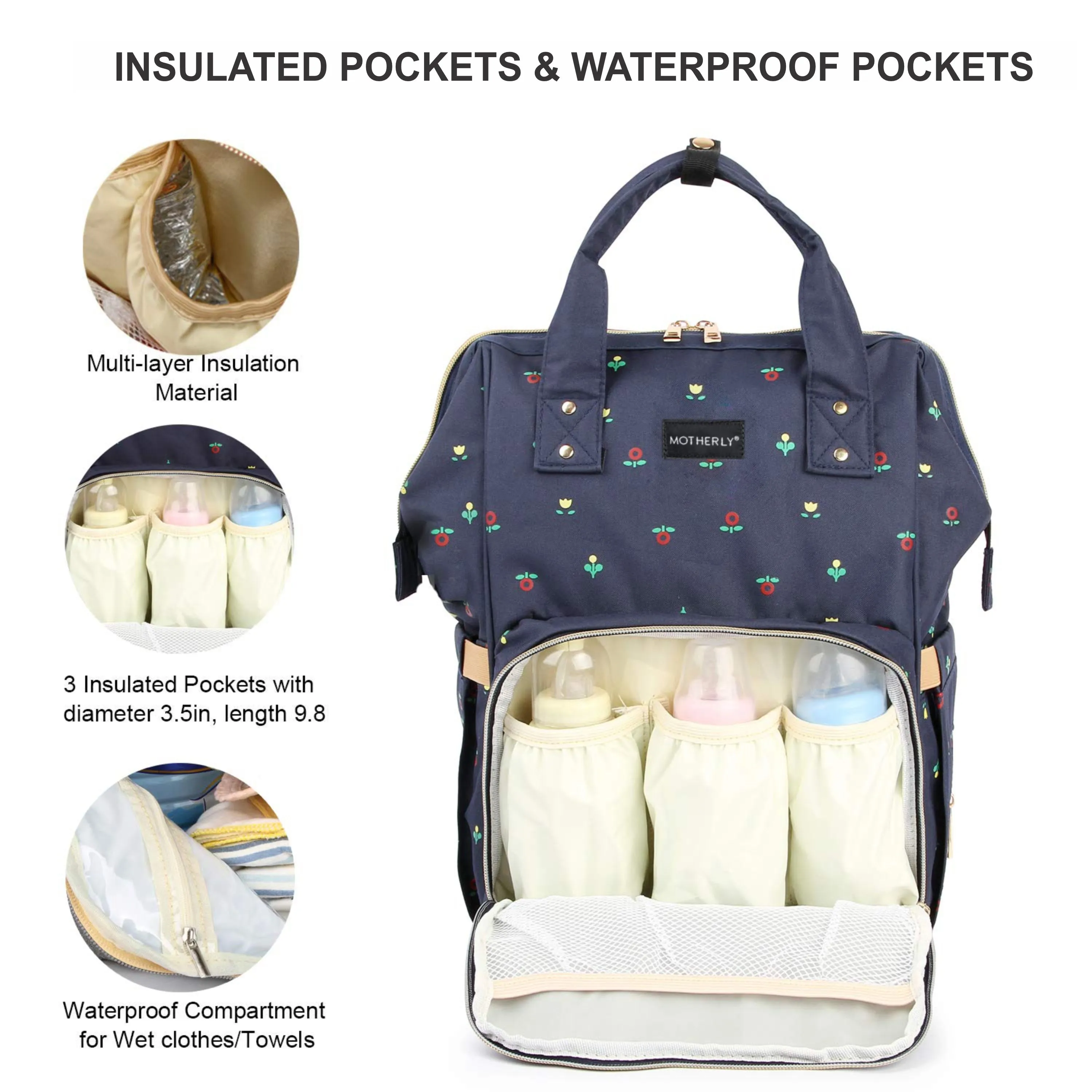 Motherly Diaper Bags for Mothers with 1 Bottle Bag   1 Diaper Changing Mat (Blue Flower)