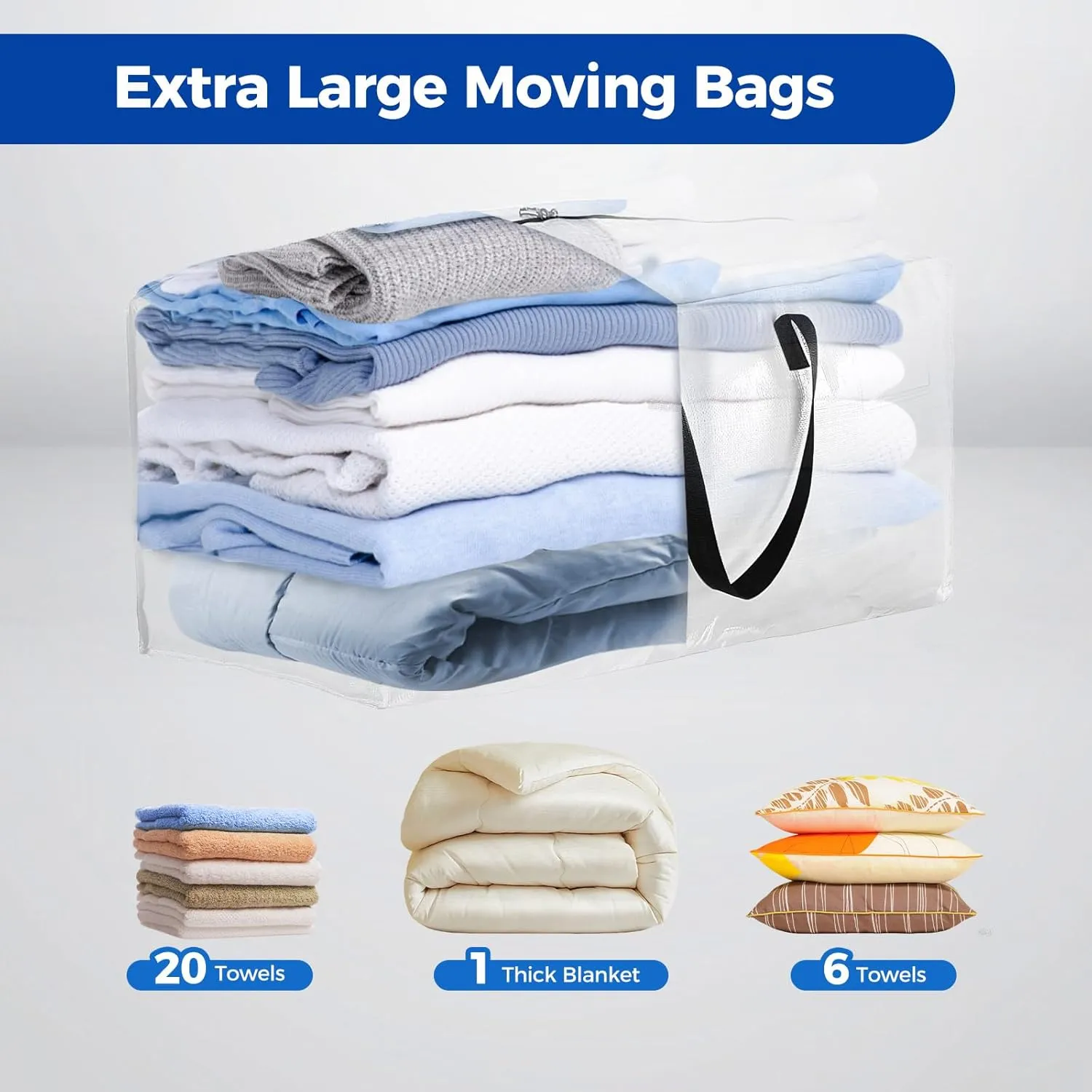 Moving Bags Heavy Duty Extra Large, Clear Moving Bags With Durable Zipper & Strong Handles, Packing Bags for College, Storage Bags for Clothes, Alternative For Moving Boxes (Clear, 8 Pack)
