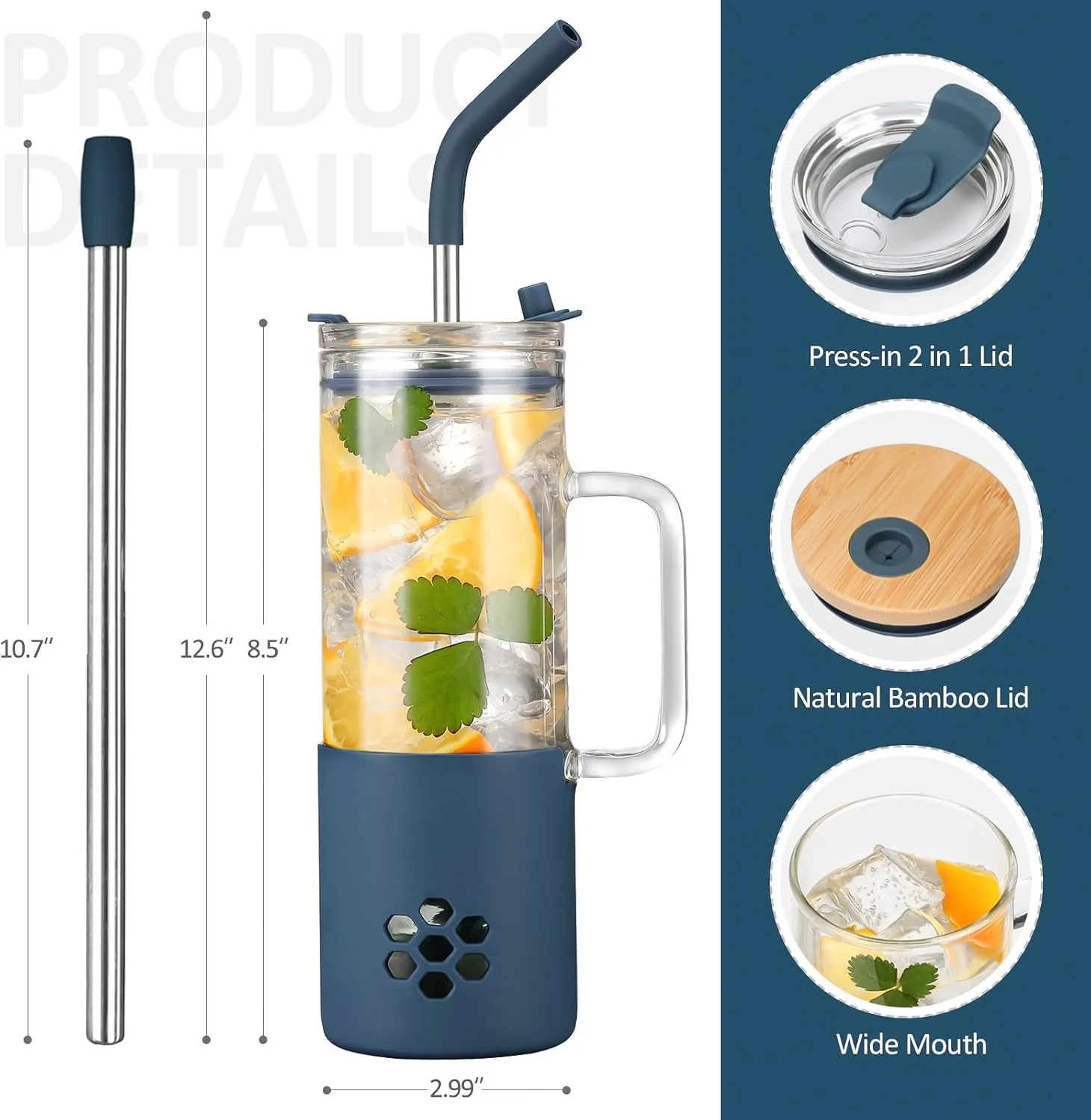 MUKOKO Glass Cups With Lids and Straws, 20oz Glass Tumbler with Straw and Handle, Iced Coffee Cups with lids - Bamboo Lid & On the Go Lid, Leak Proof Tumbler with Silicone Sleeve(Dark Blue)