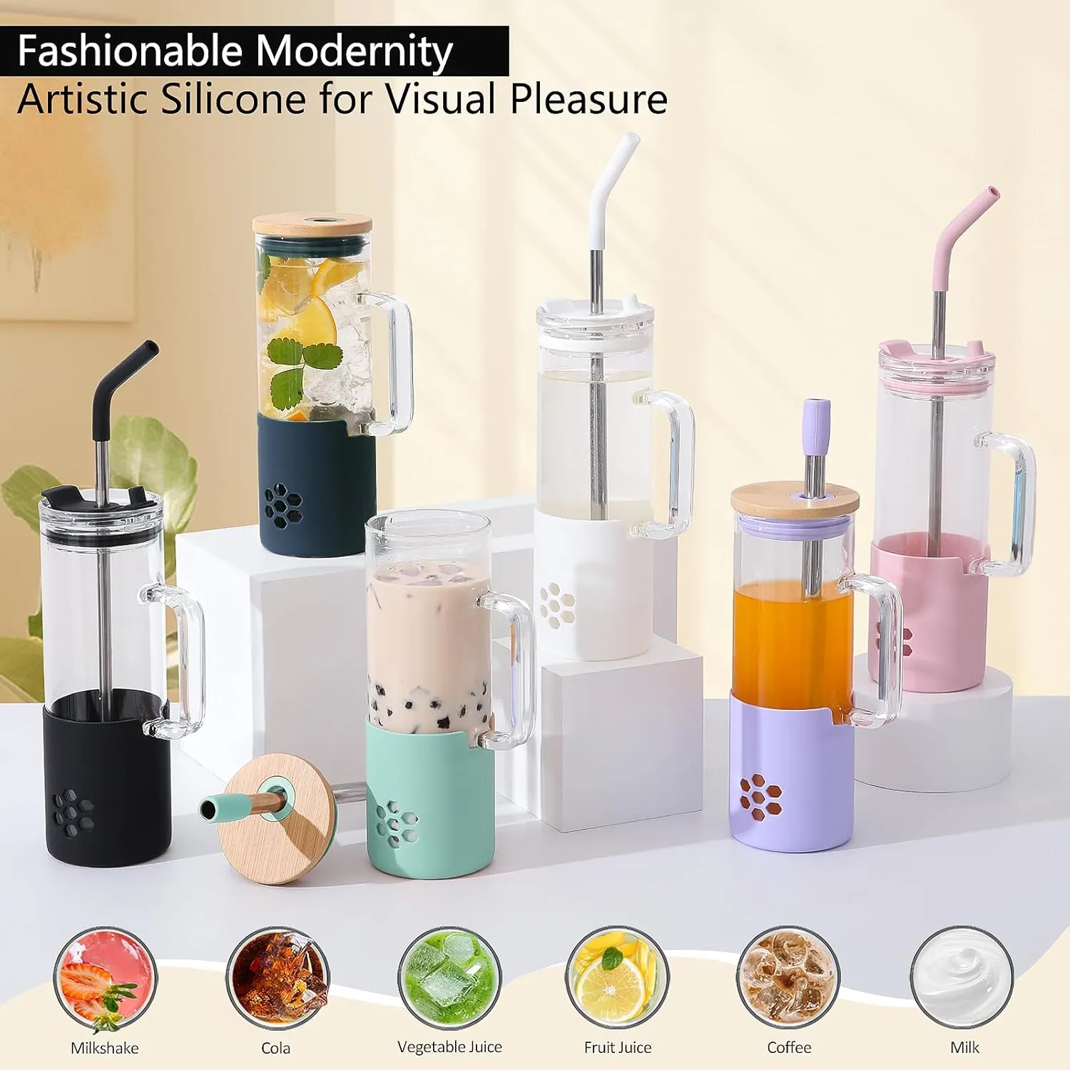 MUKOKO Glass Cups With Lids and Straws, 20oz Glass Tumbler with Straw and Handle, Iced Coffee Cups with lids - Bamboo Lid & On the Go Lid, Leak Proof Tumbler with Silicone Sleeve(Dark Blue)
